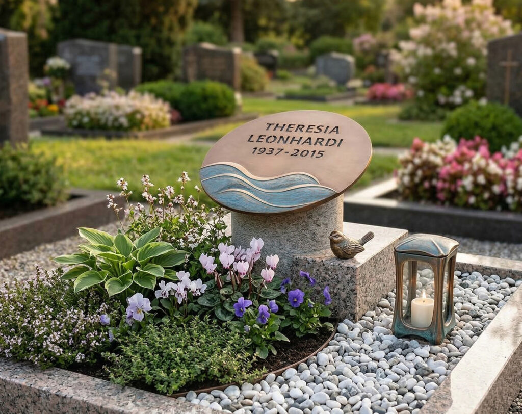 Grabplatte für ein Urnengrab aus Bronze mit Inschrift und Sockel 