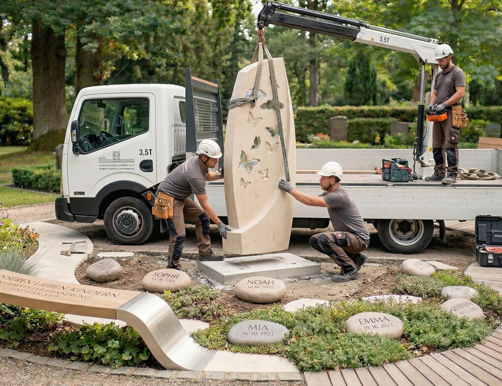 Grabgestaltung Sternenkinder Grab mit Grabstein mit Schmetterlingen