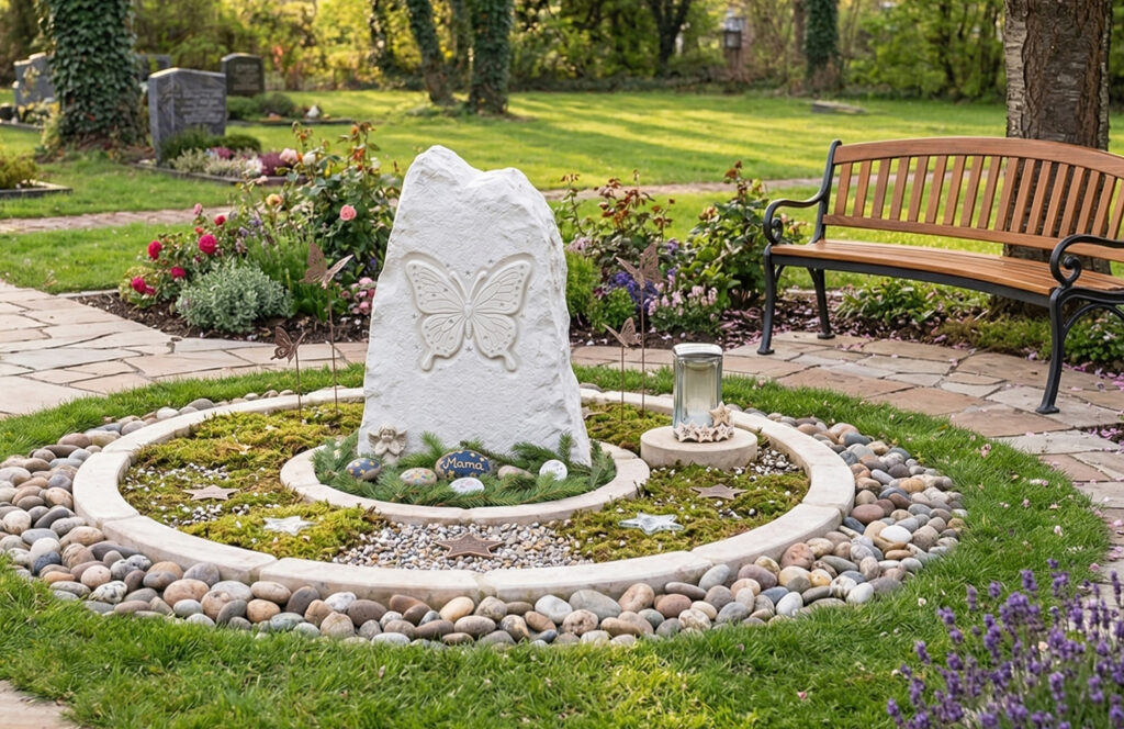 Grabgestaltung einer Grabstätte für Sternenkinder mit Findling und einem Schmetterling