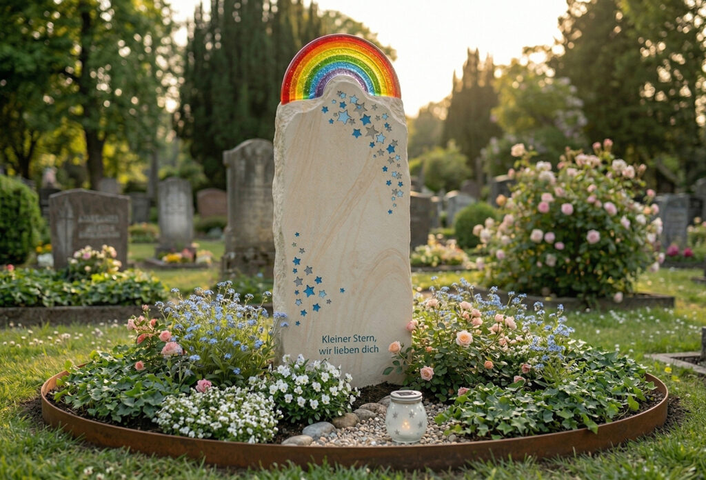 Sternenkinder Grabstein mit Regenbogen und Sternen aus einem hellen Kalkstein auf einer runden Grabstätte