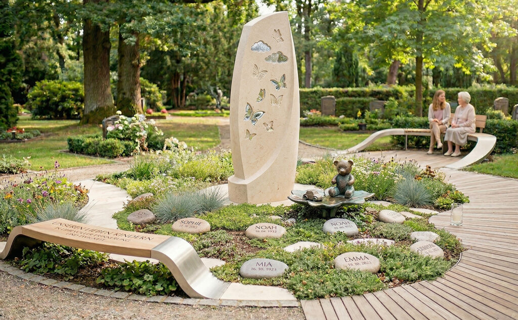 Grabgestaltung und Grabstein für eine Sternenkinder Grabstätte mit Schmetterlingen, Glas 