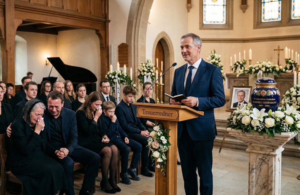 Trauerredner in der Trauerhalle mit der Urne 