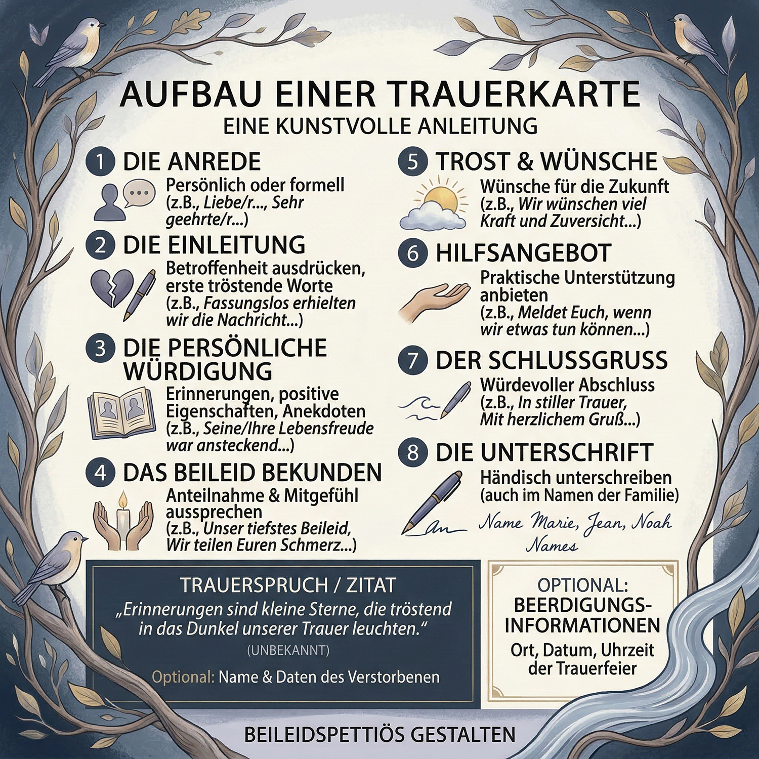 Schemata Grafik zum Aufbau einer Trauerkarte mit Einleitung und Schlusswort zum Nachmachen