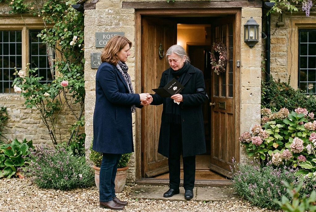 Persösniche Übergabe einer Trauerkarte an der Haustür