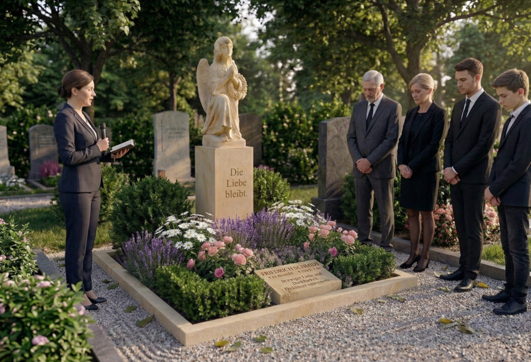 Trauerredner hält eine Grabrede am Grab mit den Angehörigen neben dem Grabstein