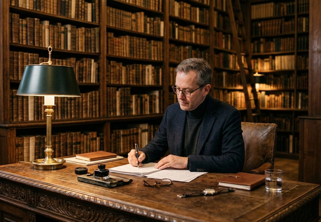 Ein Mann schreibt eine persönliche Trauerkarte an seinem Schreibtisch