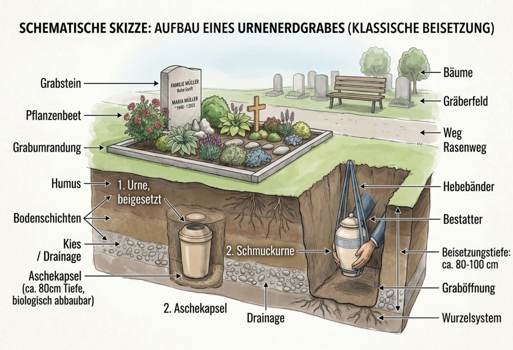 Ein Urnenerdgrab ist ober- und unterirdisch gegliedert. Oben rahmen eine Einfassung und Pflanzen meist einen Grabstein oder eine Liegeplatte ein. Unter der Erde sichert ein Fundament den Stein  während die Aschekapsel samt abbaubarer Schmuckurne in 60 bis 80 Zentimetern Tiefe ruht