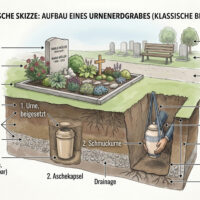 Urnenerdgrab Skizze Aufbau Ein Urnenerdgrab ist ober- und unterirdisch gegliedert. Oben rahmen eine Einfassung und Pflanzen meist einen Grabstein oder eine Liegeplatte ein. Unter der Erde sichert ein Fundament den Stein während die Aschekapsel samt abbaubarer Schmuckurne in 60 bis 80 Zentimetern Tiefe ruht