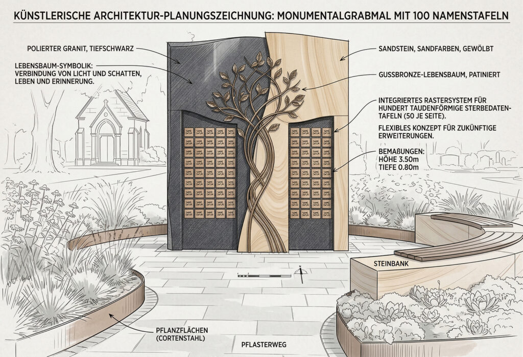 Schematischer Aufbau eines Urnen-Gemeinschaftsgrabes mit Grabstein, Außenanlagen als Planungszeichnung