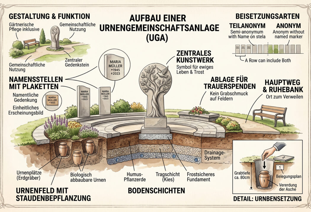 Eine Urnengemeinschaftsanlage ist ein zusammenhängendes  gärtnerisch gestaltetes Grabfeld für mehrere Urnen. Die Pflege übernimmt der Friedhof. Oft gibt es ein zentrales Denkmal mit Namenstafeln sowie eine gemeinsame Ablagestelle für Trauerschmuc