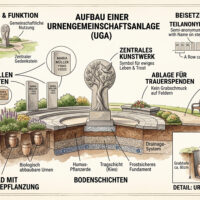 Urnengemeinschaftsanlage schematisch Aufbau Eine Urnengemeinschaftsanlage ist ein zusammenhängendes gärtnerisch gestaltetes Grabfeld für mehrere Urnen. Die Pflege übernimmt der Friedhof. Oft gibt es ein zentrales Denkmal mit Namenstafeln sowie eine gemeinsame Ablagestelle für Trauerschmuc