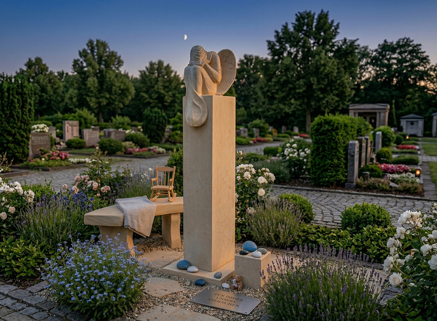 Grabstein für ein Sternenkindergemeinschaftsgrab mit einem trauernden Engel