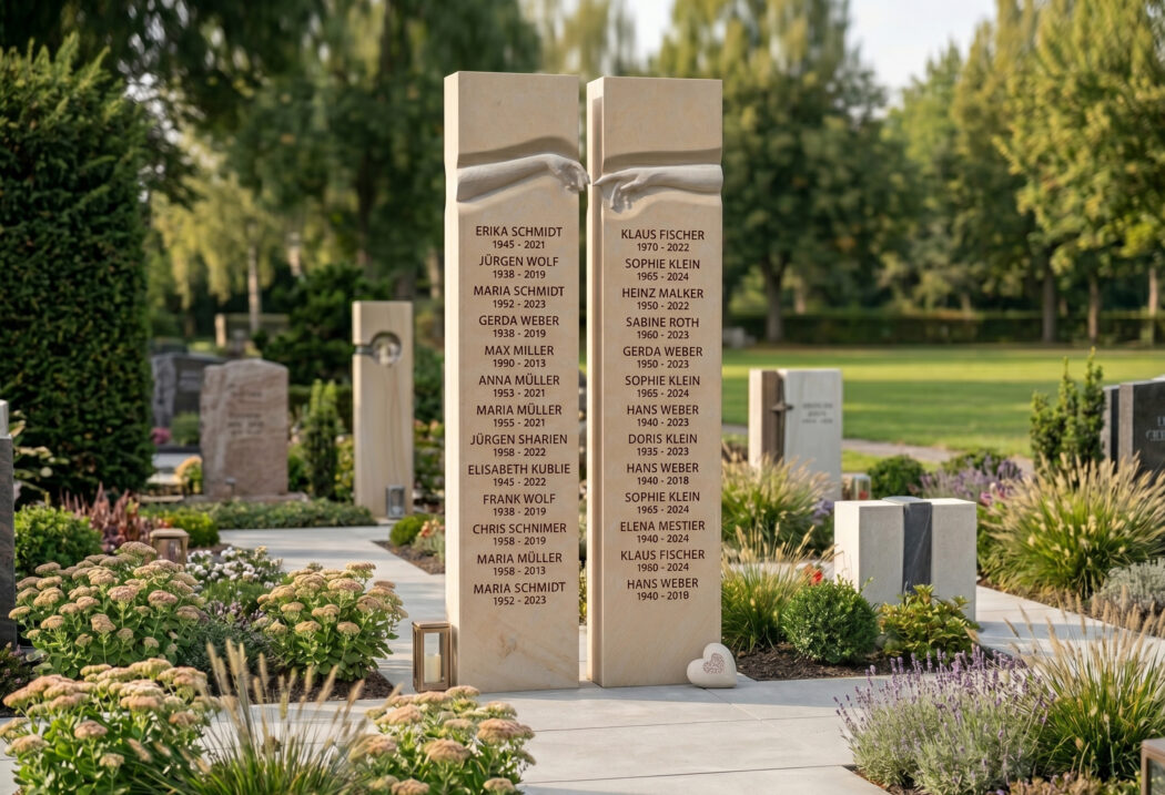 Zweiteilige Urnenstele als Stele für den Friedhof für ein Urnengemeinschaftsgrab