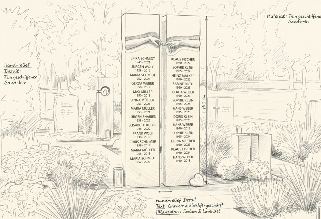Planungszeichnung für den Entwurf des Gemeinschaftsgrabes mit der Stele für den Frieshof