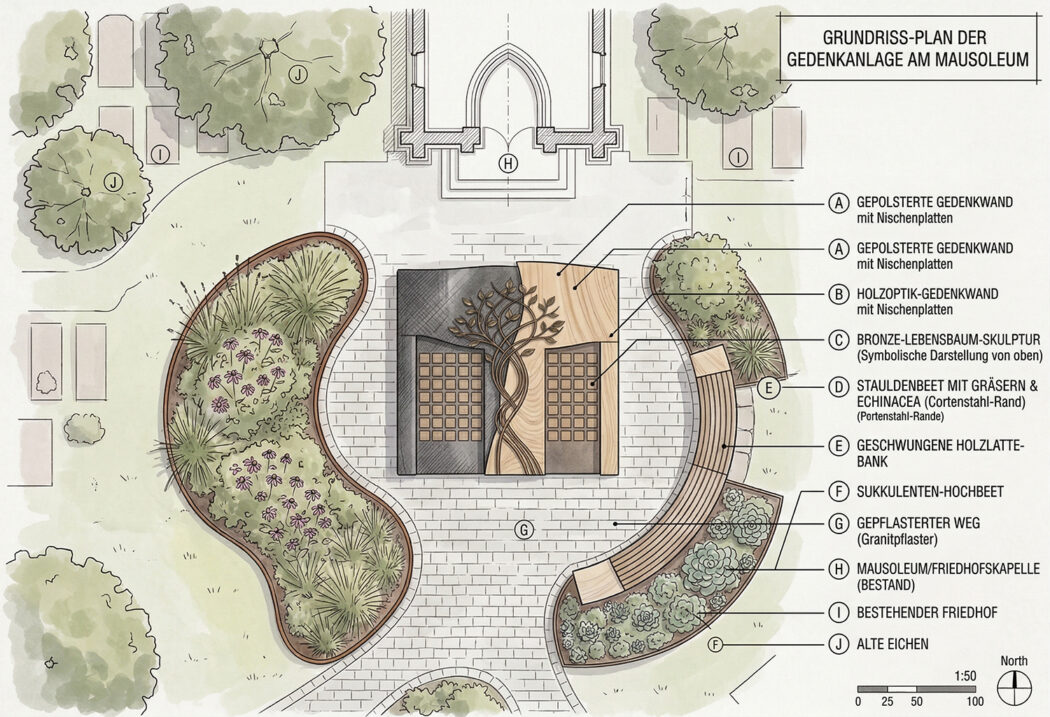 Grundrissdarststellung mit Landschaftsgestaltung der Urnengrabstätte
