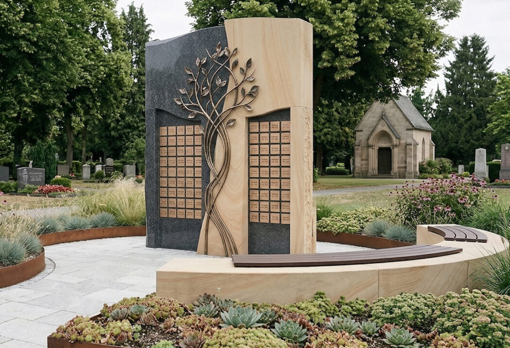 Seitensicht der Urnengrabstätte mit Sitzgelegenheiten für die Angehörigen