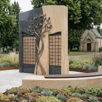 Seitensicht der Urnengrabstätte mit Sitzgelegenheiten für die Angehörigen