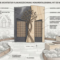 Künstlerische Planungszeichnung mit Beschreibungen der Detailas