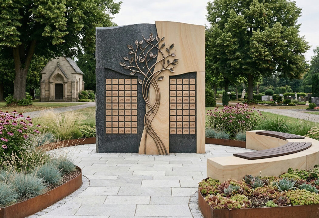 Urnengrabstätte mit Lebensbaum in hell-dunkel mit bis zu 180 Urnenplätzen