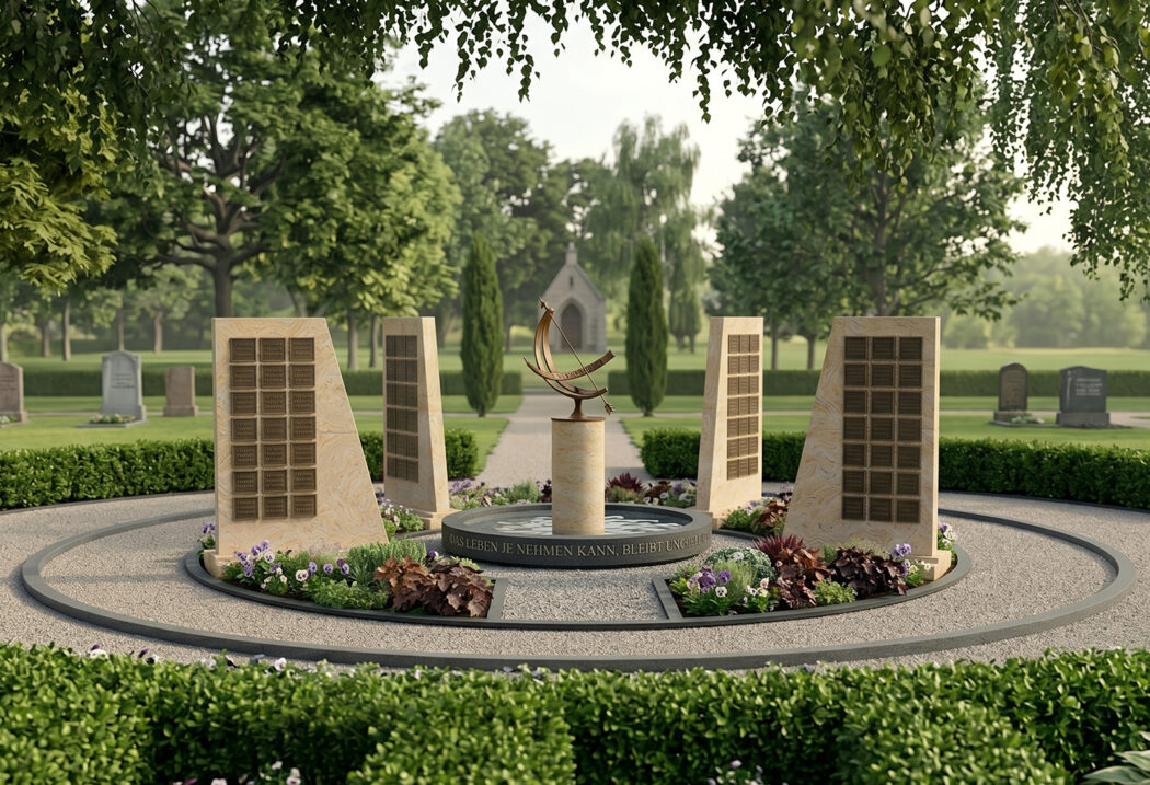 Gemeinschaftsgrabanlage mit Sonnenuhr und vier Urnenstelen