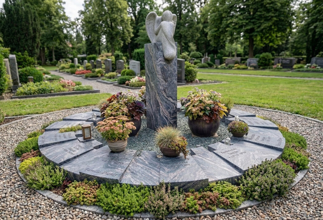 Eine Grabstele mit trauerndem Engel ist das zentrale Gestaltungselement. 