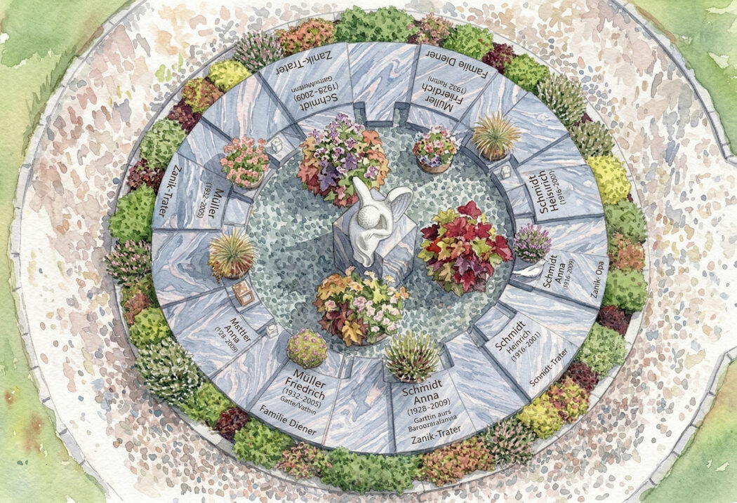 Die Schriftplatten sind radial um die Grabsätte angeordnet. Die Urnen befinden sich unter den Grabplatten.