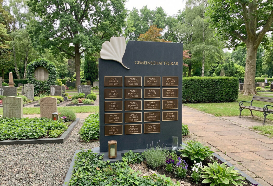 Gemeinschaftsgrabstein mit Ginkgo Blatt für optional bis zu 50 Sterbefälle