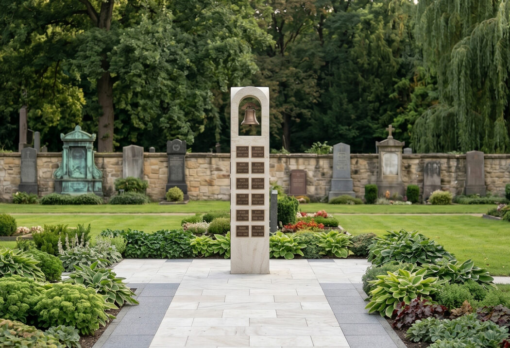 Urnenstelen Idee für ein Gemeinschaftsgrab mit Glockenturm