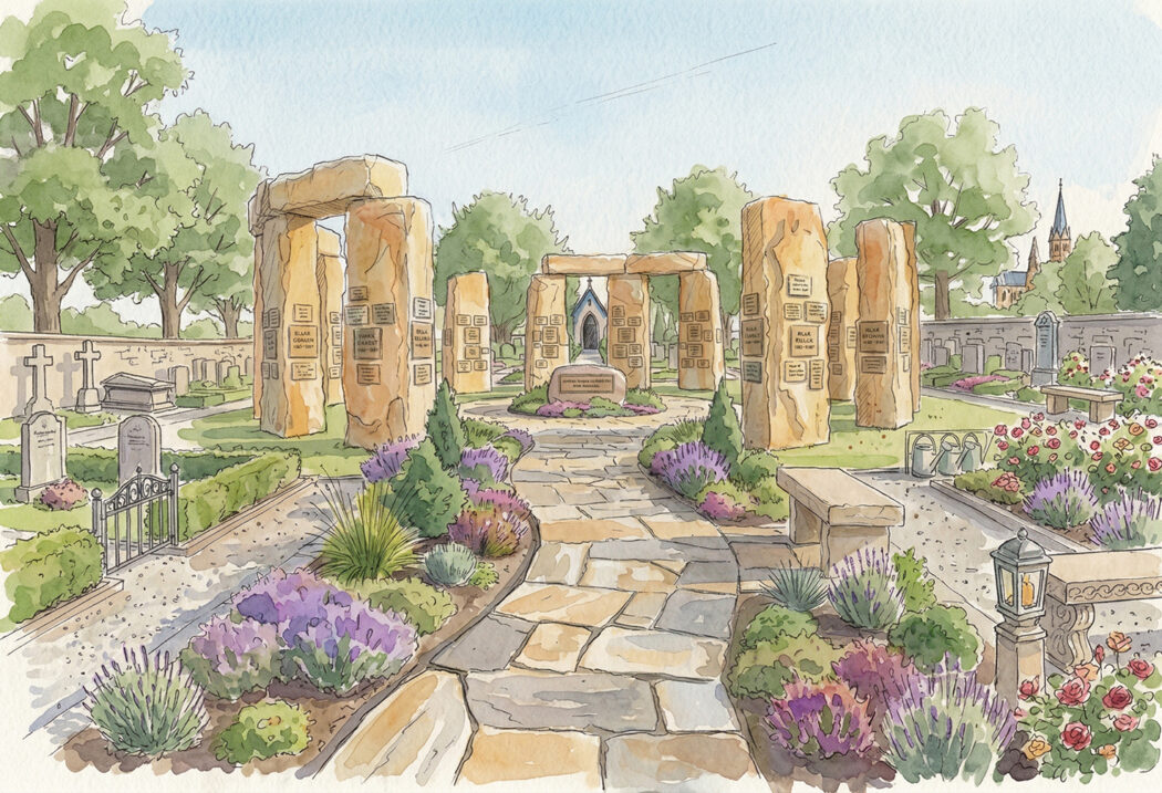 Aquarall Zeichnung im Entwurfsstadium von der Gemeinschaftsgrabstätte