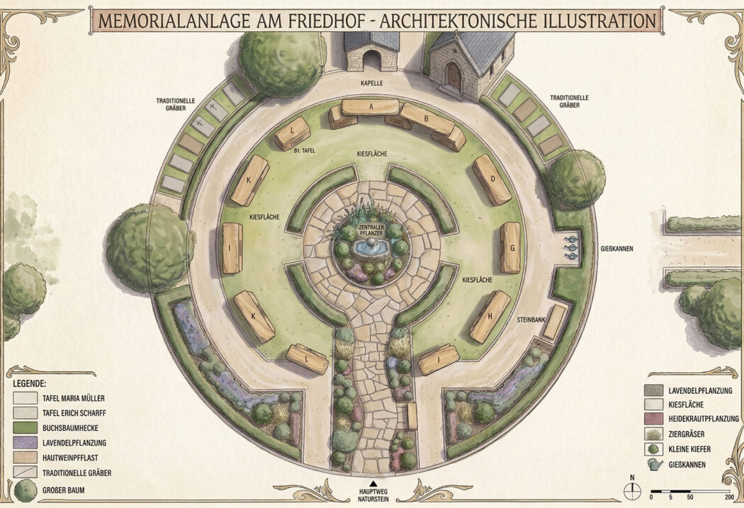 Grundriss der Gesamtanlage mit Pflanz- und Gestaltungskonzept
