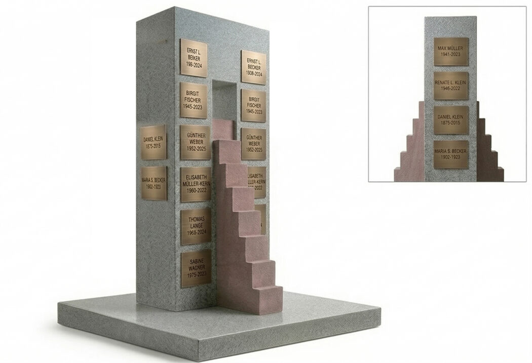 Grabstein für ein Gemeinschaftsgrab mit Treppe und Tafeln in modernem Design