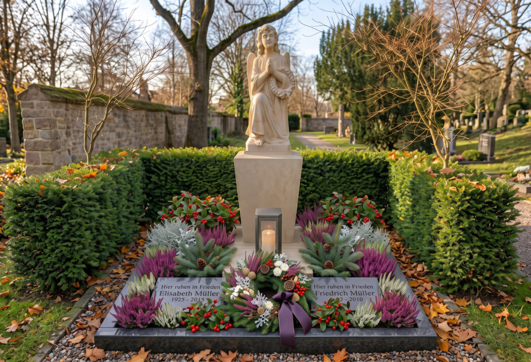 Allerheiligen Engel KI Großes Familiengrab mit einem betenden Grabengel aus hellem Sandstein mit Einfassung in dunklem poliertem Granit sowie zwei Gedenktafeln ebenfalls aus Granit. Geschmückt mit einem Kranz aus Herbstblumen und einer passenden EInpflanzung zu Allerheiligen.