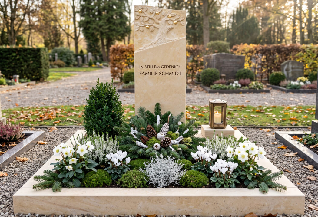Grabgestaltung zu Allerheiligen mit schöner Deko schlichter Einzelgrabstein aus Sandstein mit einem gravierten Lebensbaum und Vergoldungen einschließlich Umrandung und moderner Grablampe aus Bronze mit einer Bepflanzung zu Allerheiligen.