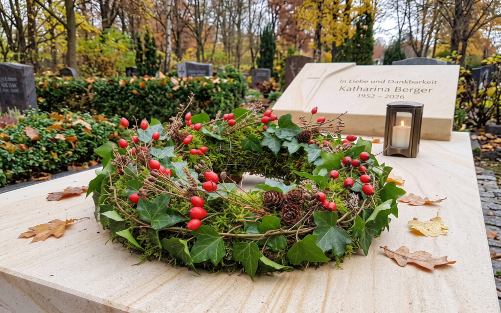 Ganz einfach lässt sich ein Kranz aus Moos, Efeu und Hagebuttenzweigen binden.